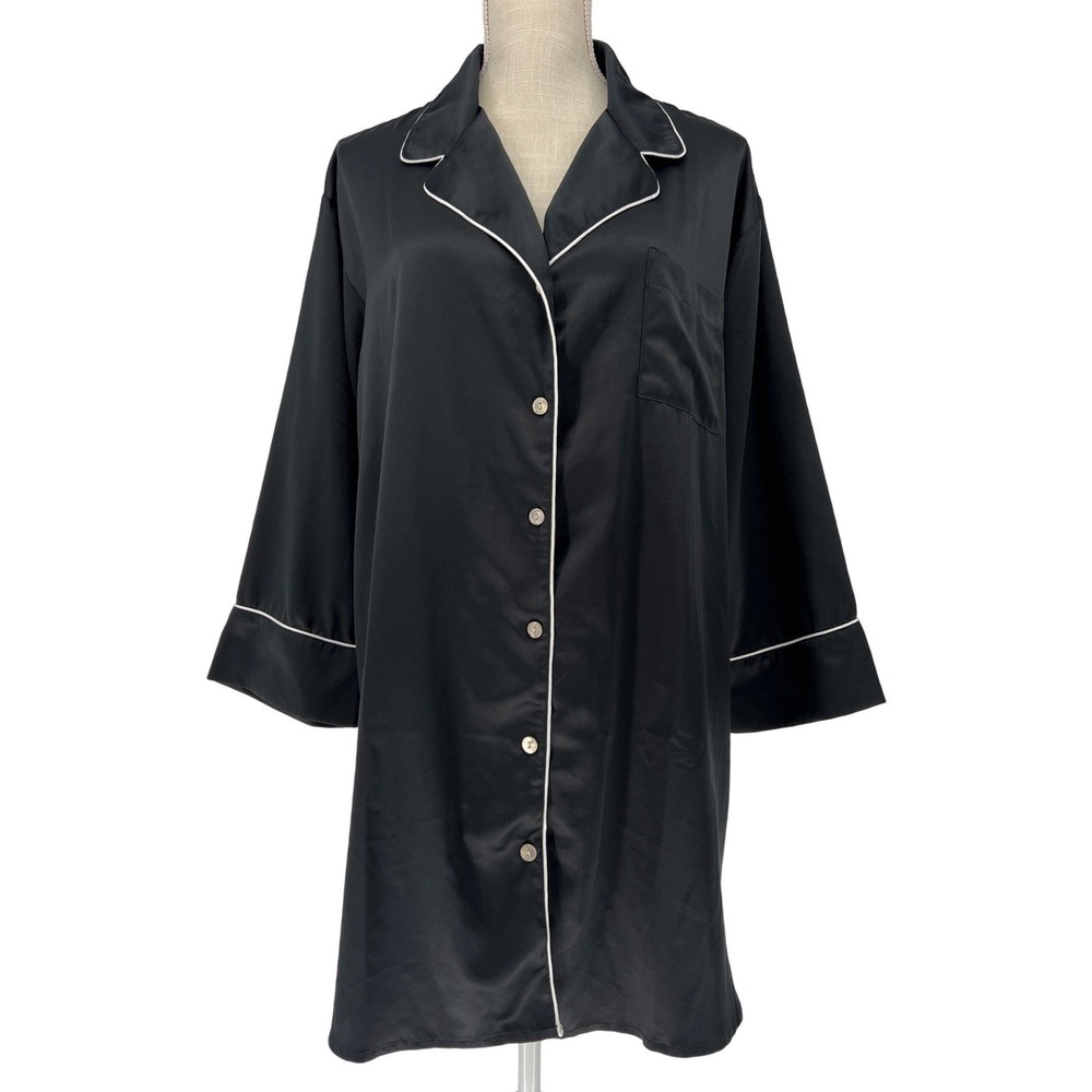 Natori Nightshirt Women M Black Satin Contrast Piping Sleepwear Loungewear Luxe
